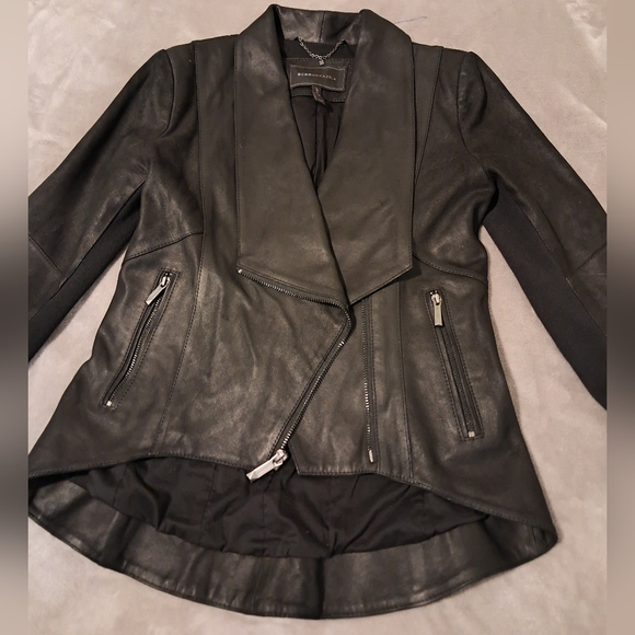 BCBGMAXAZRIA black genuine soft leather draped collar jacket front zip size XXS. - Picture 6 of 13